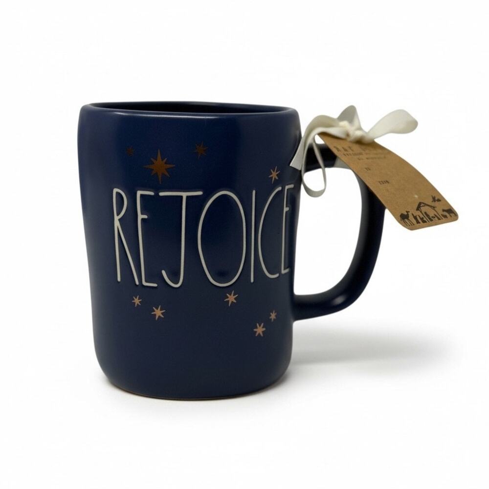 Rae Dunn REJOICE Mug Blue Christmas Holiday Star Ceramic Coffee‎ Cup NWT